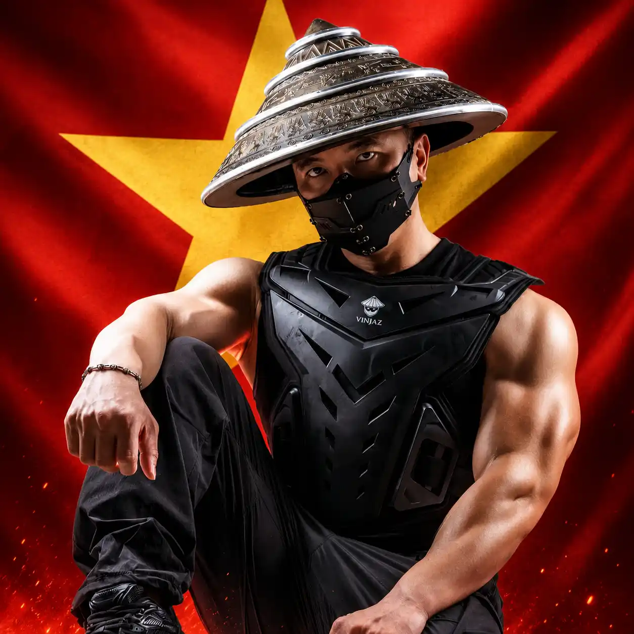 VINJAZ in his signature bronze conical hat, mask and black armor in front of the Vietnamese flag